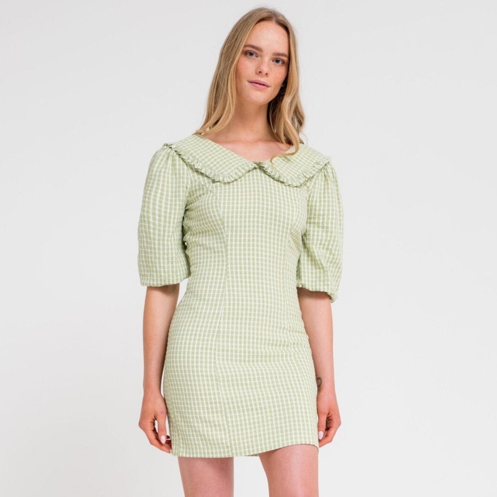 Another Girl Green Plaid Collared Mini Sheath Dress Short Sleeve Size 8 Large - Picture 1 of 10